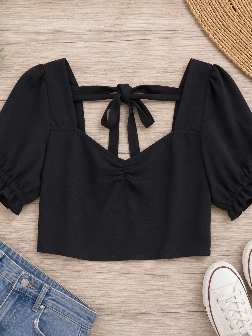 And Now This Black Puff Sleeve Sweetheart Tie Back Crop Top XS
